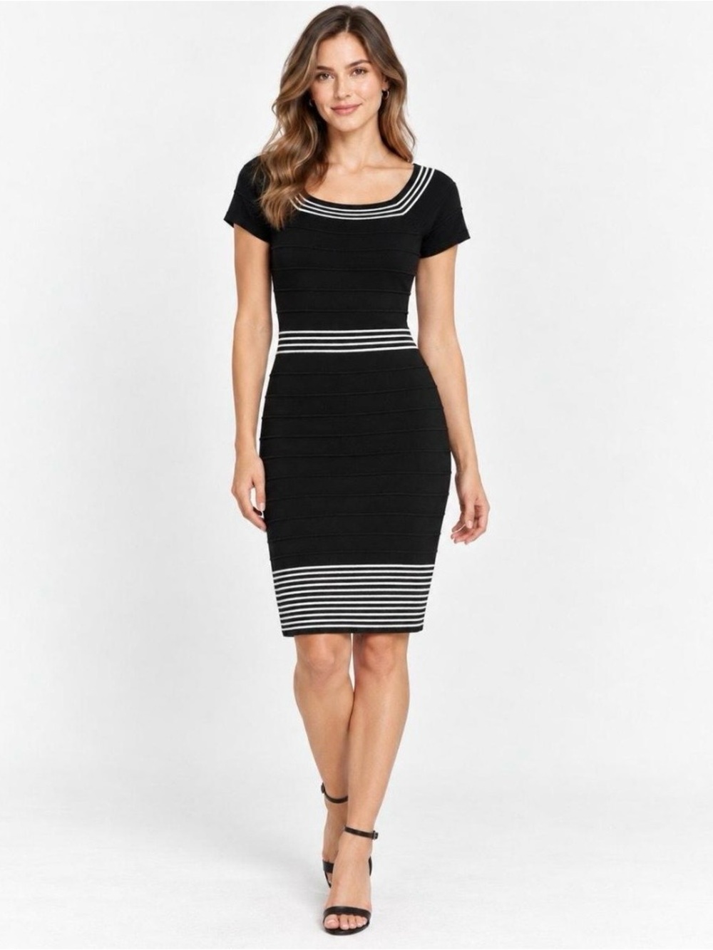 Max Studio Minimalist Black White Stripe Trim Sz L Bodycon Knit Dress Retro Chic